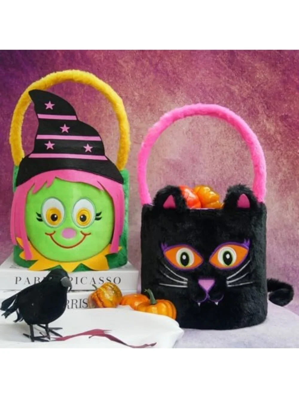 Set of 2 Plush Halloween Trick or Treat Bags - Witch & Black Cat Candy Buckets